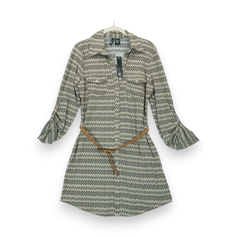 NWT Ultra Flirt Casual Belted Shirt Dress Large Tab Sleeves Pockets Rolltab